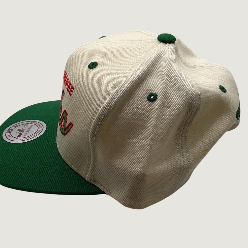 Mitchell & Ness Milwaukee Bucks Snapback Hat Cream Green Wool NBA Adjustable - Picture 4 of 8